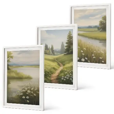 Gerahmtes Bilderset mit Frühlingslandschaft Flusswiese