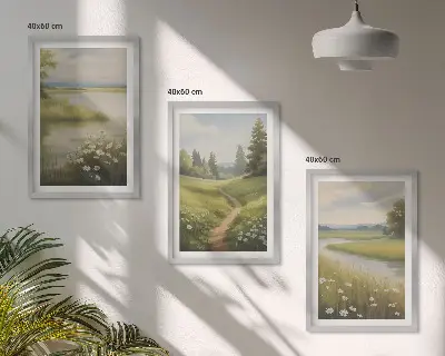Gerahmtes Bilderset mit Frühlingslandschaft Flusswiese