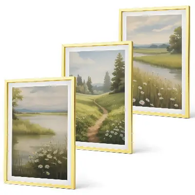 Gerahmtes Bilderset mit Frühlingslandschaft Flusswiese