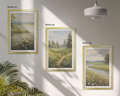 Gerahmtes Bilderset mit Frühlingslandschaft Flusswiese