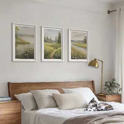 Gerahmtes Bilderset mit Frühlingslandschaft Flusswiese