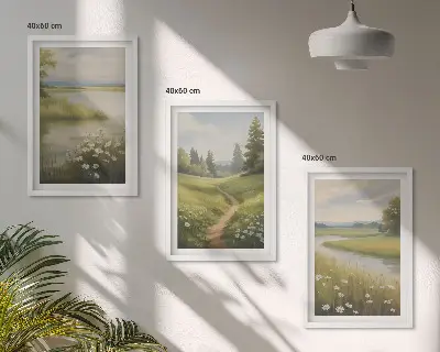 Gerahmtes Bilderset mit Frühlingslandschaft Flusswiese