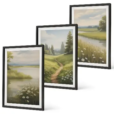 Gerahmtes Bilderset mit Frühlingslandschaft Flusswiese
