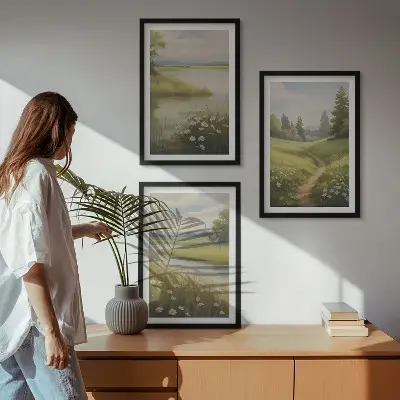 Gerahmtes Bilderset mit Frühlingslandschaft Flusswiese