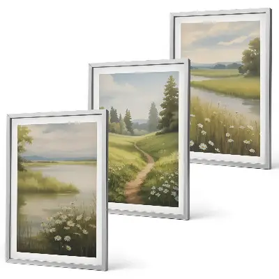 Gerahmtes Bilderset mit Frühlingslandschaft Flusswiese