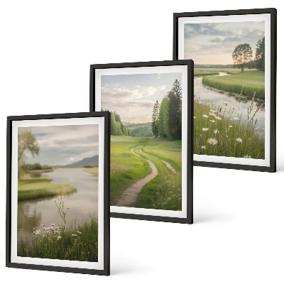 Bilder-3er-set mit rahmen Sommerliche Flusswiesen voller Blumen