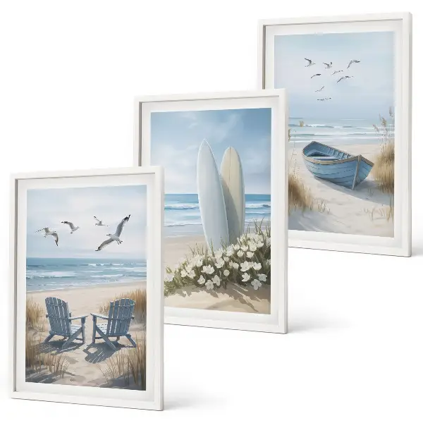 3er-Set Bilder mit Rahmen Motiv Strand Surfbretter und Vögel