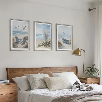 3er-Set Bilder mit Rahmen Motiv Strand Surfbretter und Vögel