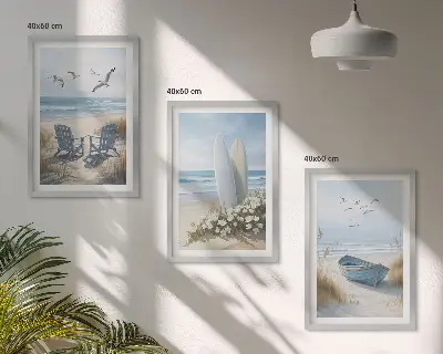 3er-Set Bilder mit Rahmen Motiv Strand Surfbretter und Vögel