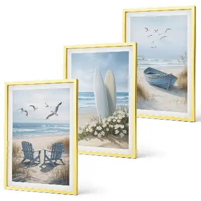 3er-Set Bilder mit Rahmen Motiv Strand Surfbretter und Vögel