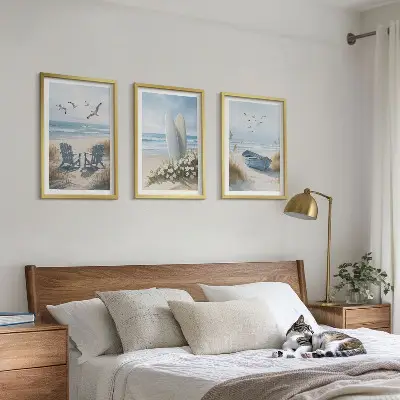 3er-Set Bilder mit Rahmen Motiv Strand Surfbretter und Vögel