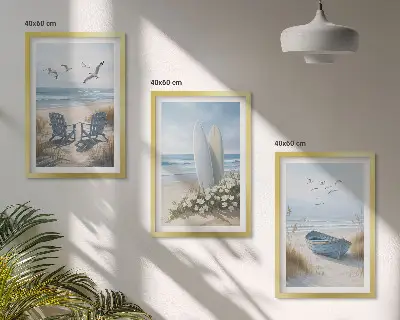 3er-Set Bilder mit Rahmen Motiv Strand Surfbretter und Vögel