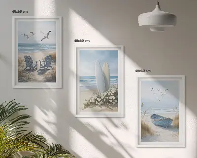 3er-Set Bilder mit Rahmen Motiv Strand Surfbretter und Vögel