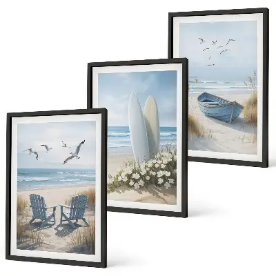 3er-Set Bilder mit Rahmen Motiv Strand Surfbretter und Vögel