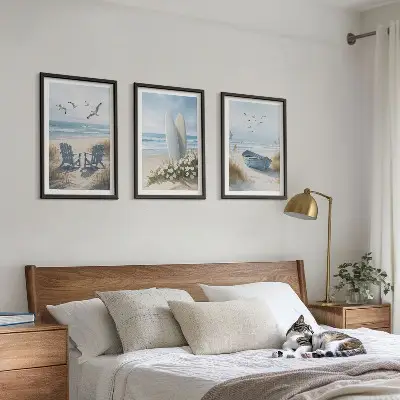 3er-Set Bilder mit Rahmen Motiv Strand Surfbretter und Vögel