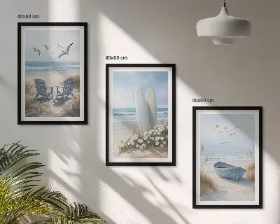 3er-Set Bilder mit Rahmen Motiv Strand Surfbretter und Vögel
