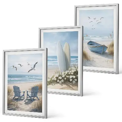 3er-Set Bilder mit Rahmen Motiv Strand Surfbretter und Vögel