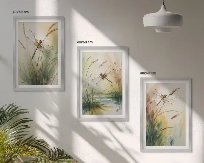 Libellen im Gras Wassermalerei 3er-Set Bilder mit Rahmen