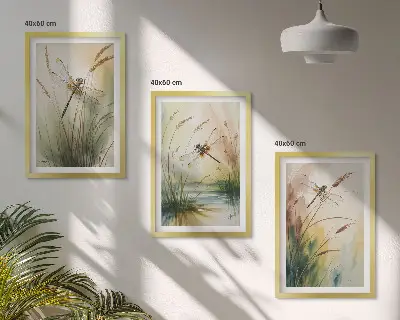 Libellen im Gras Wassermalerei 3er-Set Bilder mit Rahmen