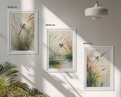 Libellen im Gras Wassermalerei 3er-Set Bilder mit Rahmen