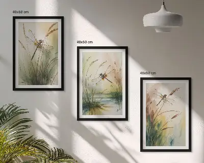 Libellen im Gras Wassermalerei 3er-Set Bilder mit Rahmen