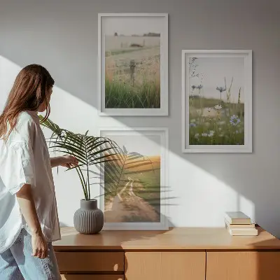 3er-Set Bilder mit Rahmen Landschaften mit Naturmotiven von Feldern und Wegen