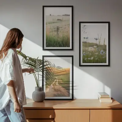 3er-Set Bilder mit Rahmen Landschaften mit Naturmotiven von Feldern und Wegen