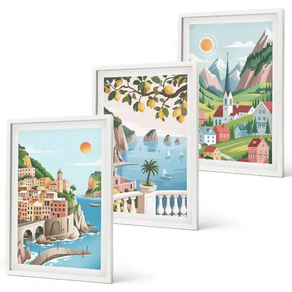 3-teiliges Bilder-Set mit Rahmen mit Motiven von Landschaften, Meer und Zitrusfrüchten