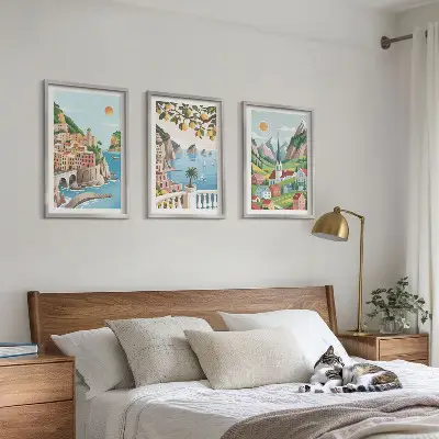 3-teiliges Bilder-Set mit Rahmen mit Motiven von Landschaften, Meer und Zitrusfrüchten