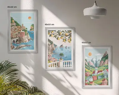 3-teiliges Bilder-Set mit Rahmen mit Motiven von Landschaften, Meer und Zitrusfrüchten