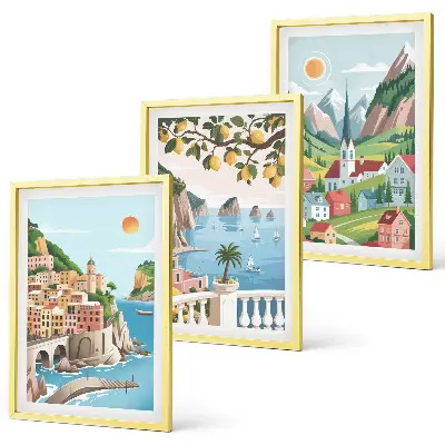 3-teiliges Bilder-Set mit Rahmen mit Motiven von Landschaften, Meer und Zitrusfrüchten