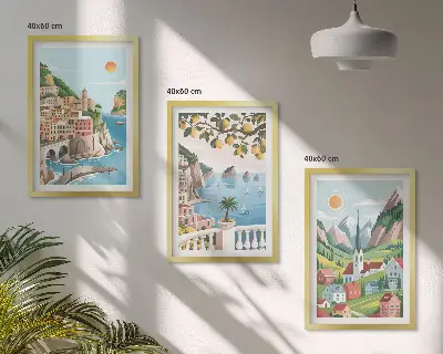 3-teiliges Bilder-Set mit Rahmen mit Motiven von Landschaften, Meer und Zitrusfrüchten