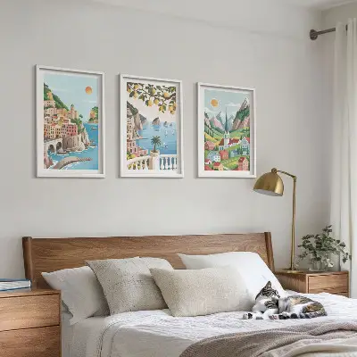 3-teiliges Bilder-Set mit Rahmen mit Motiven von Landschaften, Meer und Zitrusfrüchten
