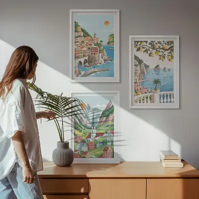 3-teiliges Bilder-Set mit Rahmen mit Motiven von Landschaften, Meer und Zitrusfrüchten