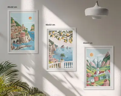 3-teiliges Bilder-Set mit Rahmen mit Motiven von Landschaften, Meer und Zitrusfrüchten