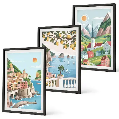 3-teiliges Bilder-Set mit Rahmen mit Motiven von Landschaften, Meer und Zitrusfrüchten