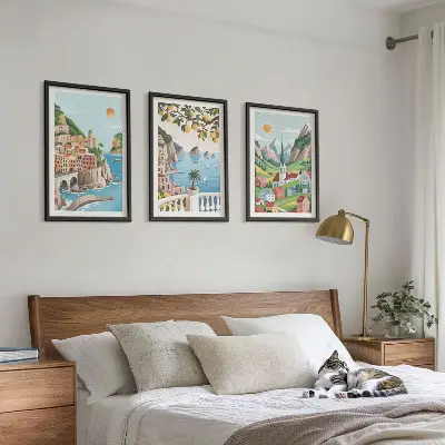 3-teiliges Bilder-Set mit Rahmen mit Motiven von Landschaften, Meer und Zitrusfrüchten