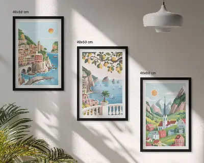 3-teiliges Bilder-Set mit Rahmen mit Motiven von Landschaften, Meer und Zitrusfrüchten