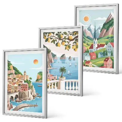 3-teiliges Bilder-Set mit Rahmen mit Motiven von Landschaften, Meer und Zitrusfrüchten
