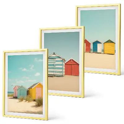 Gerahmtes Bilderset mit bunten Häusern, Strand und Sonne