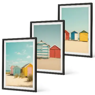 Gerahmtes Bilderset mit bunten Häusern, Strand und Sonne