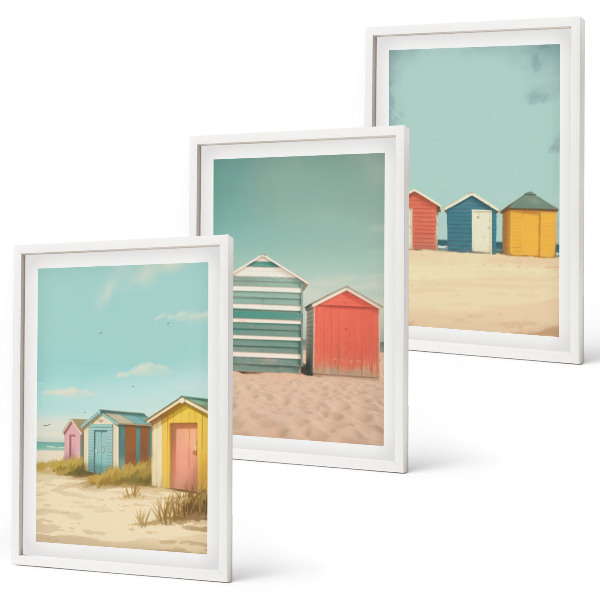 Bilder-3er-set mit rahmen Bunte Häuser, Strand, Sonne