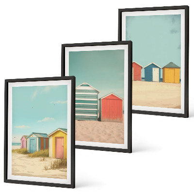 Bilder-3er-set mit rahmen Bunte Häuser, Strand, Sonne