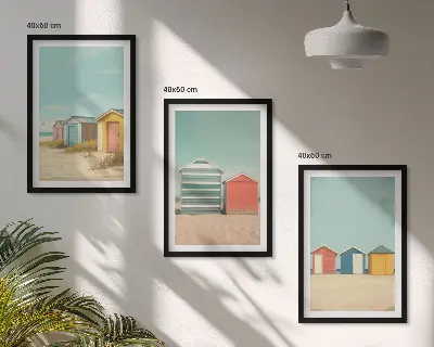 Bilder-3er-Set mit Rahmen bunte Häuser mit Strand und Sonne