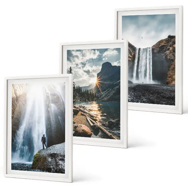 3er-Set Bilder mit Rahmen mit Motiven von Wasserfällen, Bergen und Landschaften