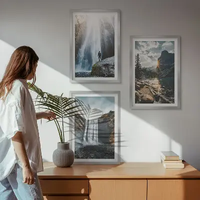 3er-Set Bilder mit Rahmen mit Motiven von Wasserfällen, Bergen und Landschaften