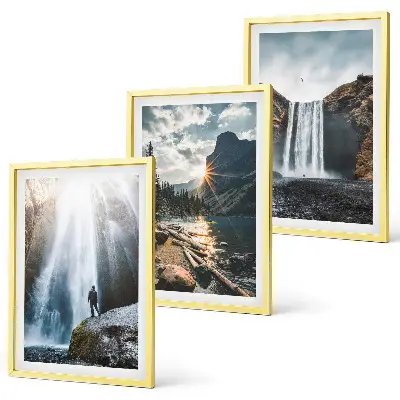 3er-Set Bilder mit Rahmen mit Motiven von Wasserfällen, Bergen und Landschaften