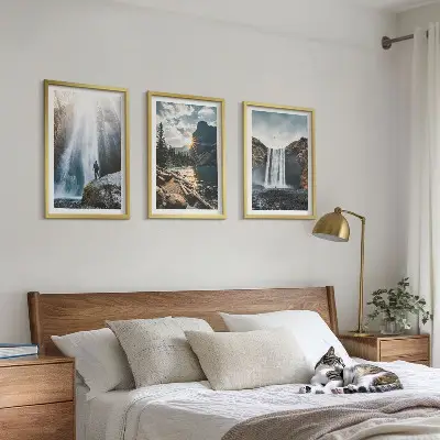 3er-Set Bilder mit Rahmen mit Motiven von Wasserfällen, Bergen und Landschaften