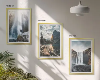 3er-Set Bilder mit Rahmen mit Motiven von Wasserfällen, Bergen und Landschaften