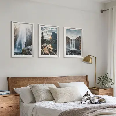 3er-Set Bilder mit Rahmen mit Motiven von Wasserfällen, Bergen und Landschaften
